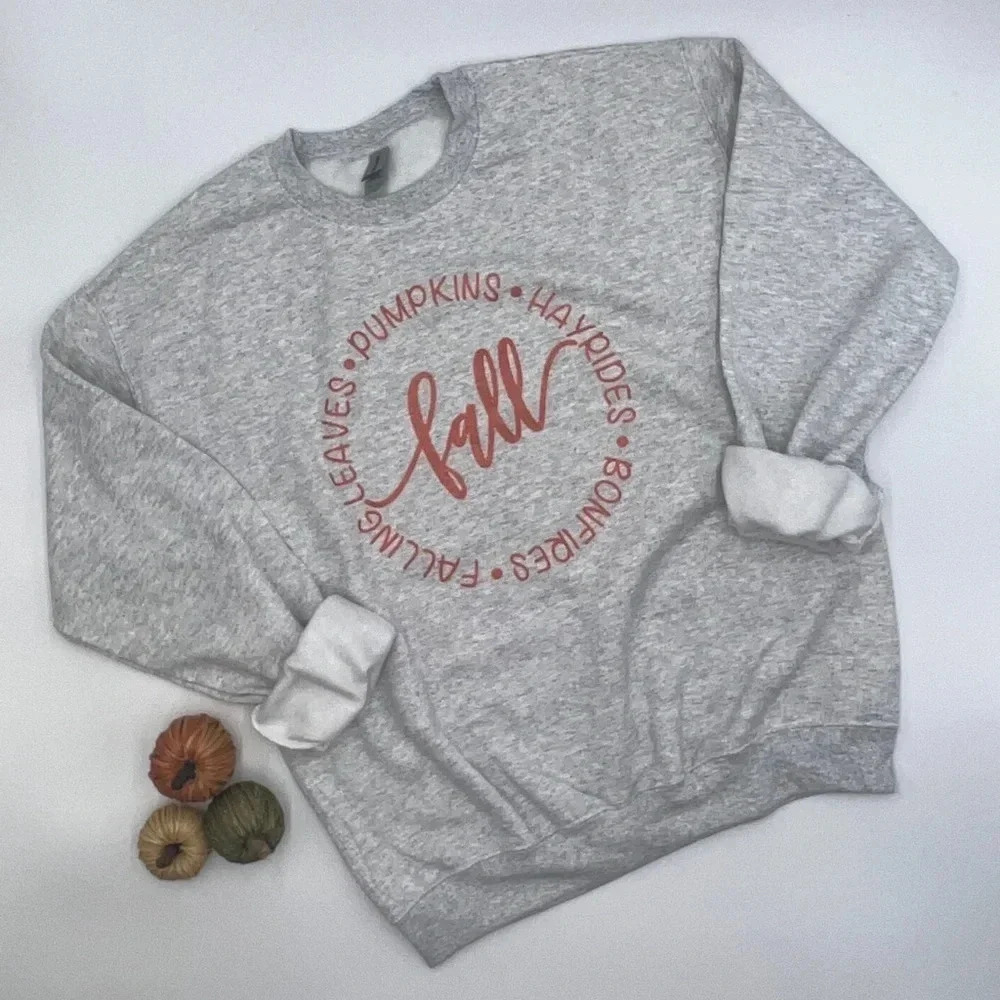 FALL Crewneck Pullover Sweatshirt various sizes NEW!! Pumpkins Hayrides Bonfires